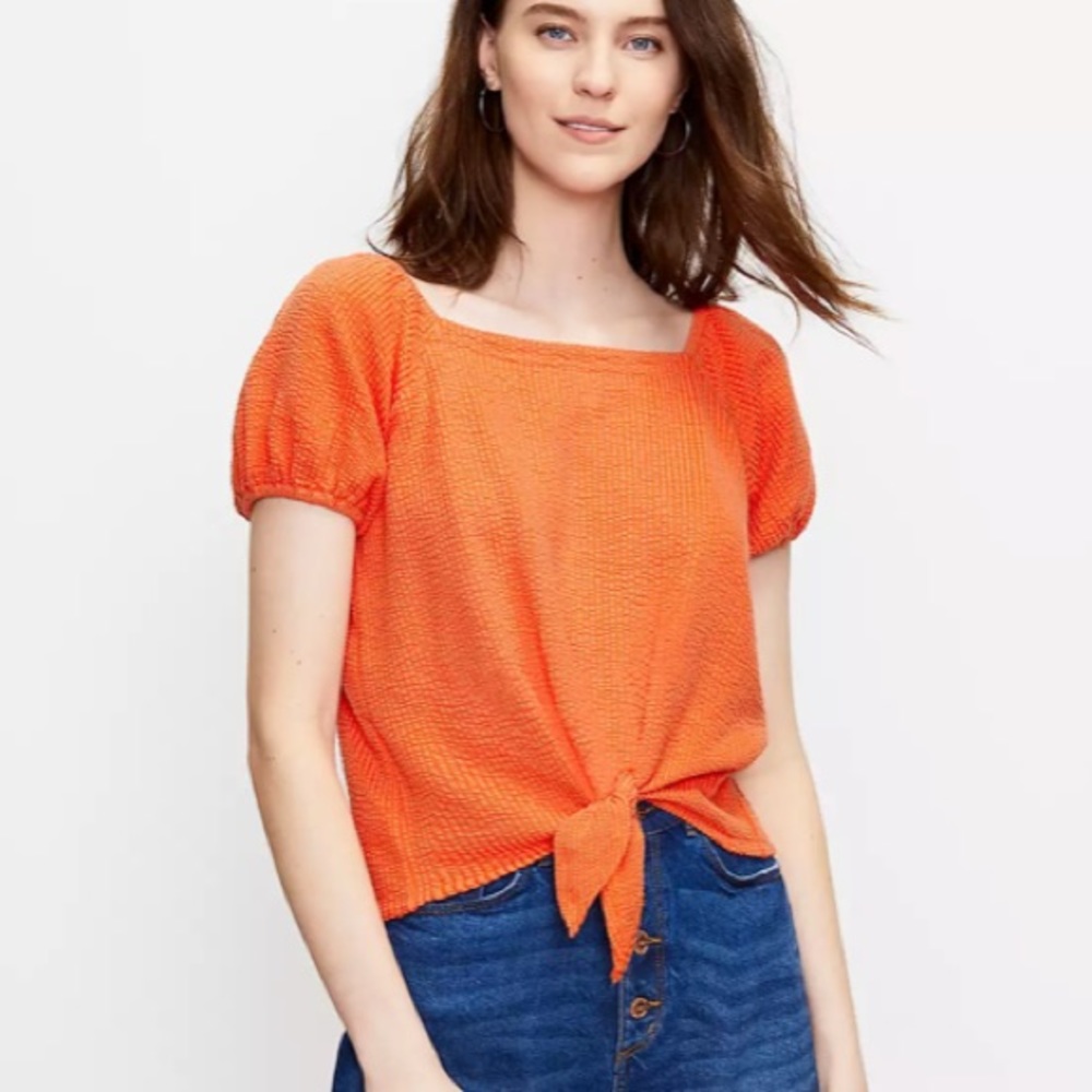 NWT Loft Seersucker Tie-Front Square Neck Top XL